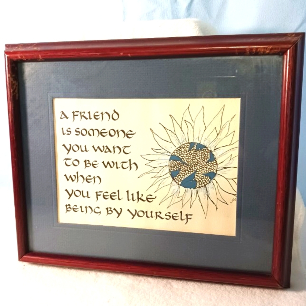 " A Friend . . ." Wall Hanging In Wood And Glass Framing 11"×9"